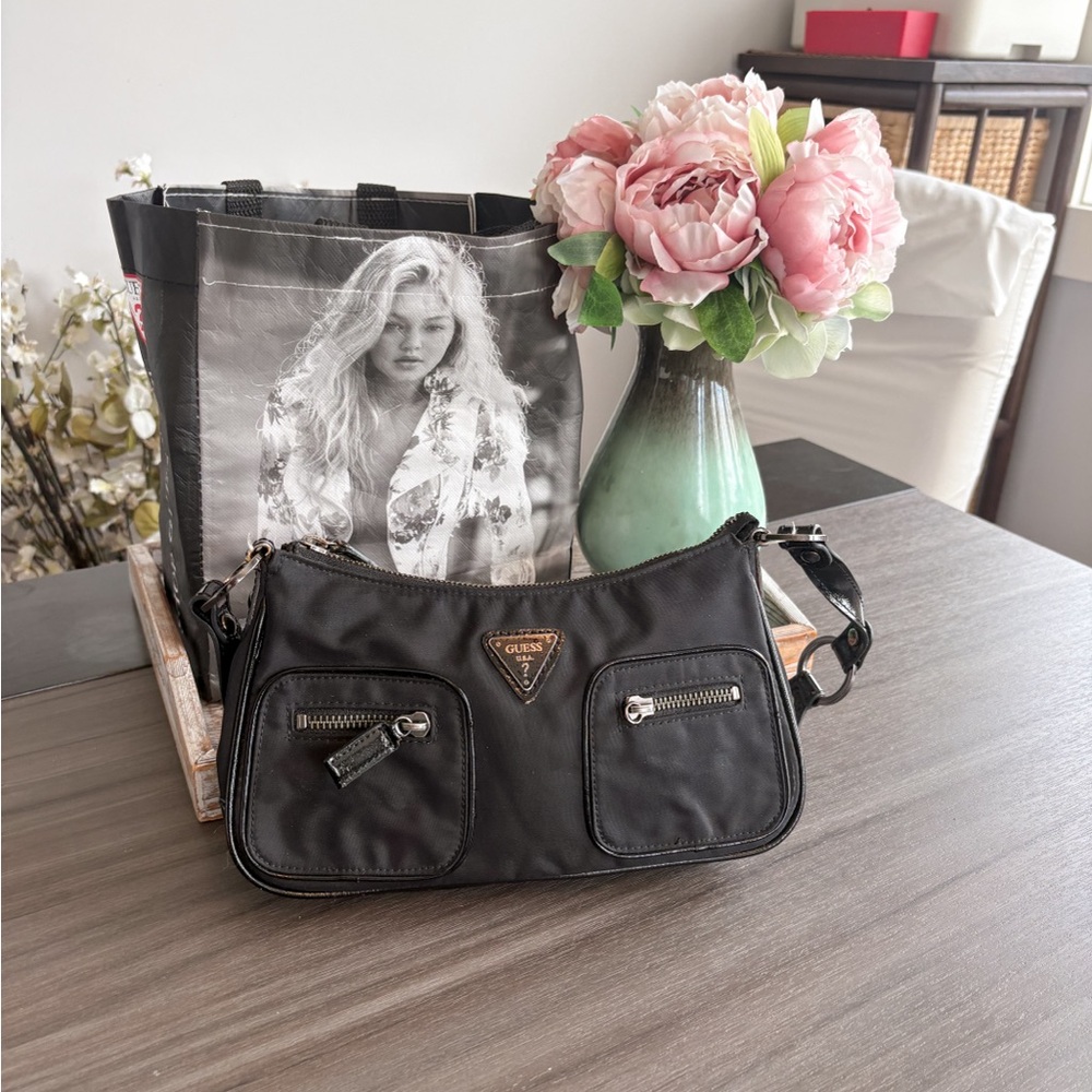 Guess Y2K Nylon Black Shoulder Bag with Front Zippers